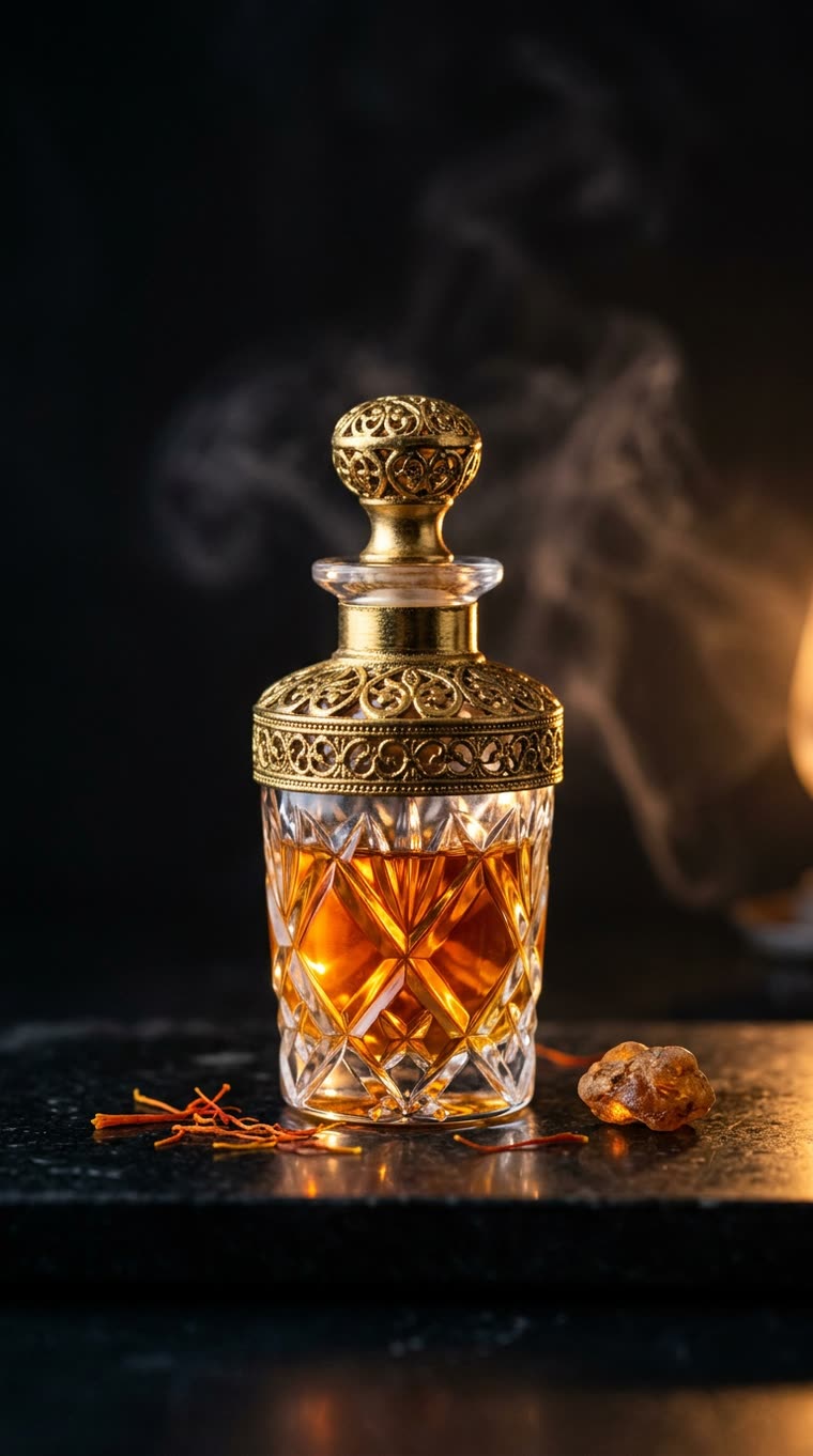 Amber Shaam attar with saffron threads and amber resin