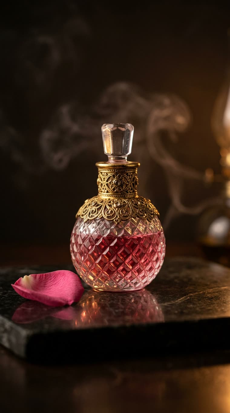 Gulab attar in a cut crystal bottle with a rose petal
