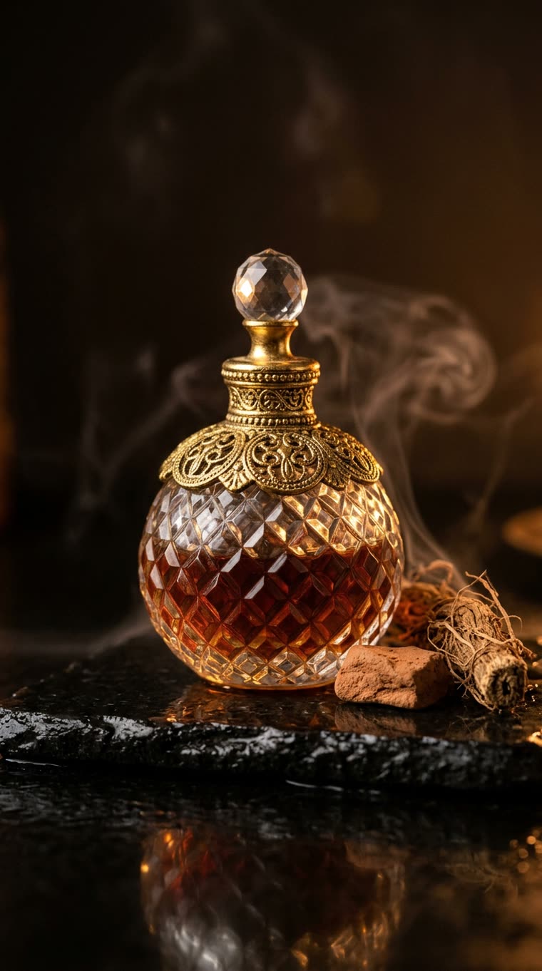 Mitti attar beside baked clay and vetiver root