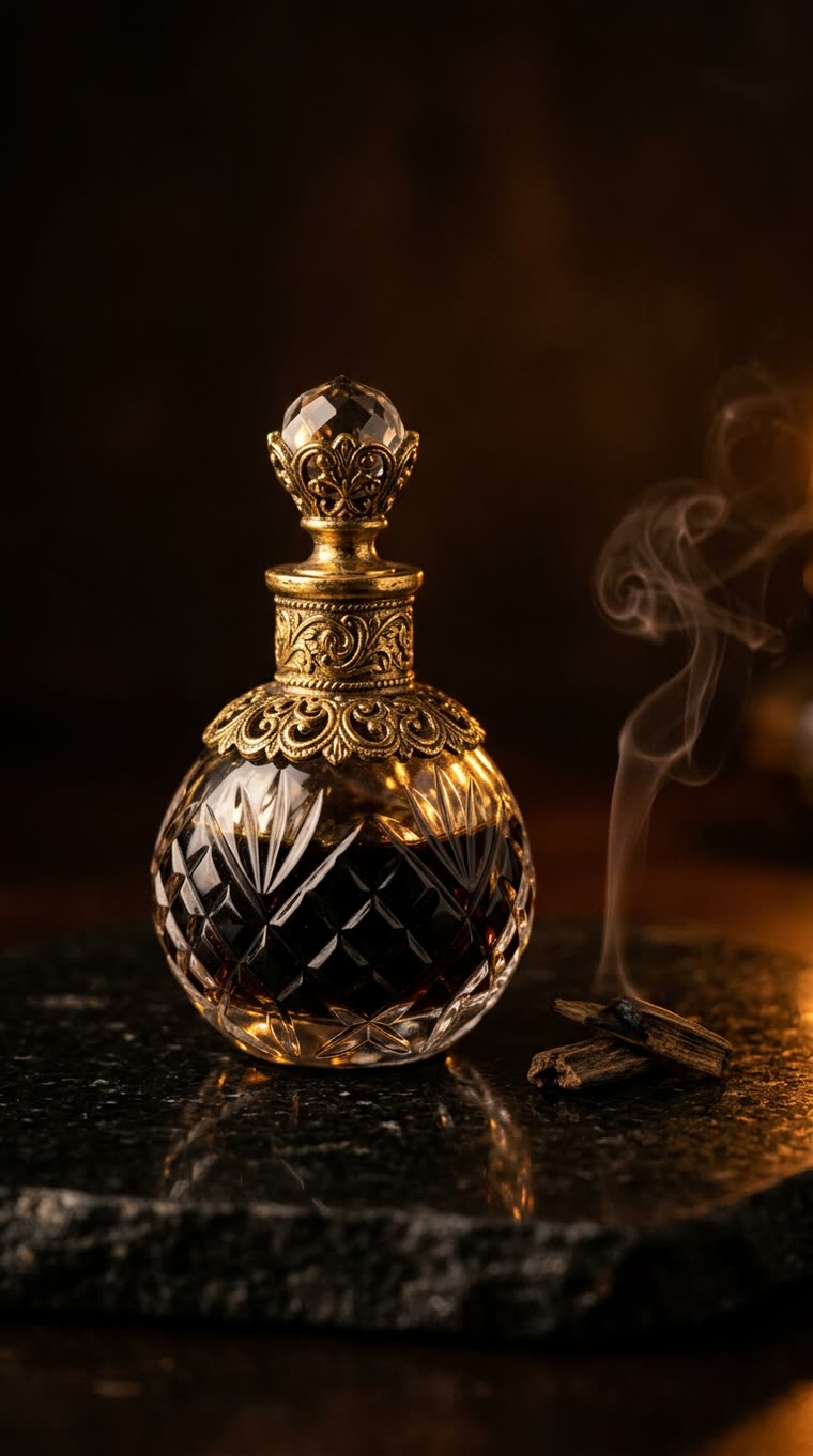 Oudh Purana attar, nearly black, with agarwood chips and smoke