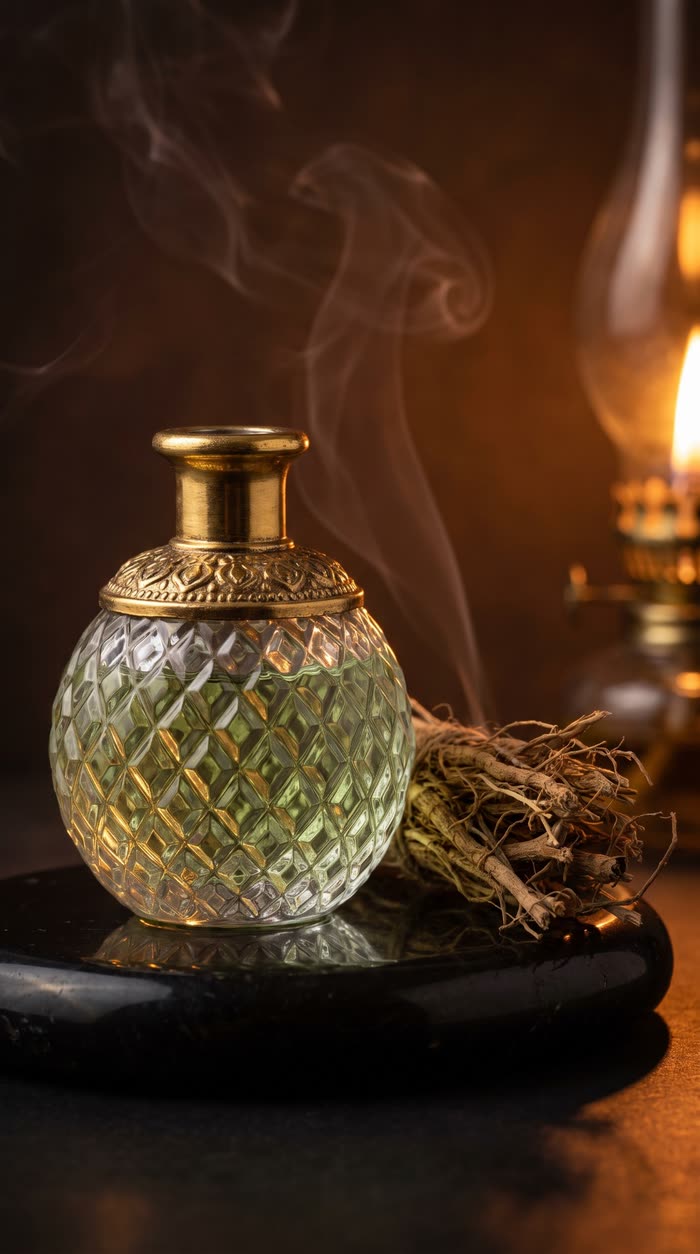 Khus attar with dry khus roots and an oil lamp