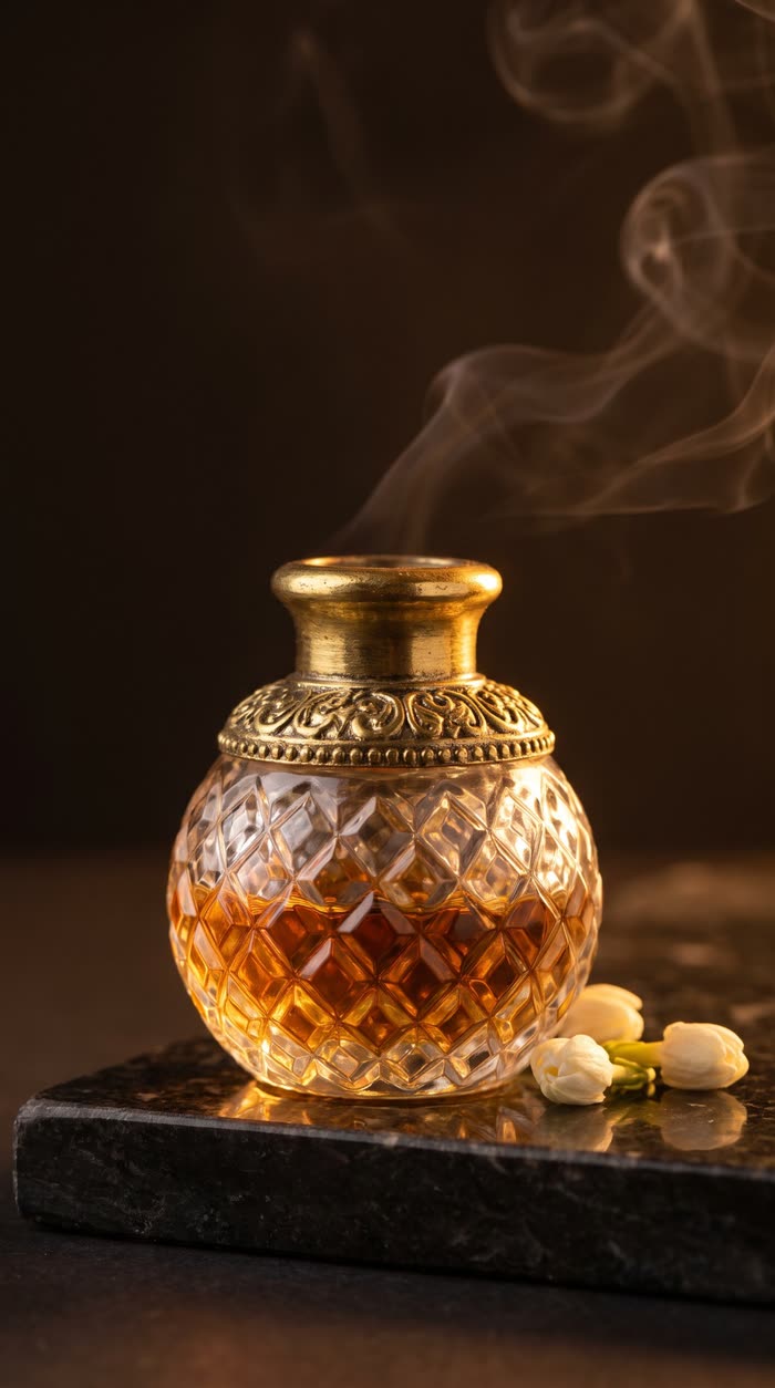 Motia attar with jasmine buds beside the bottle