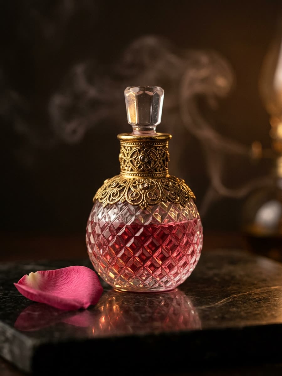 Gulab attar with a rose petal